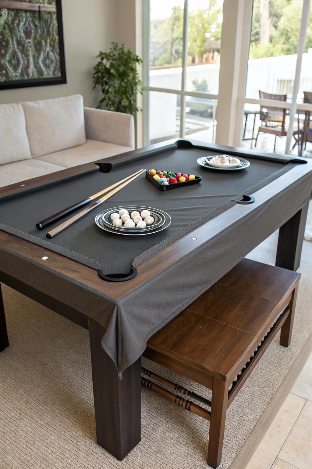 A game table with a convertible shield that also serves as a dining area.