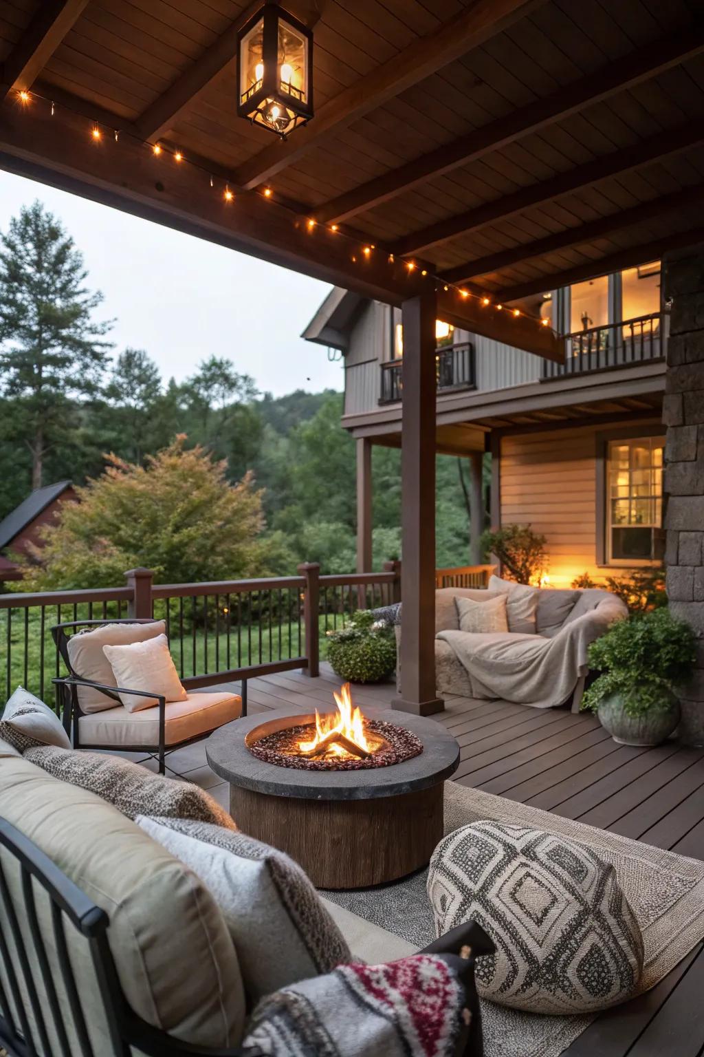 A snug bonfire pit evolves into the heart of this welcoming porch.