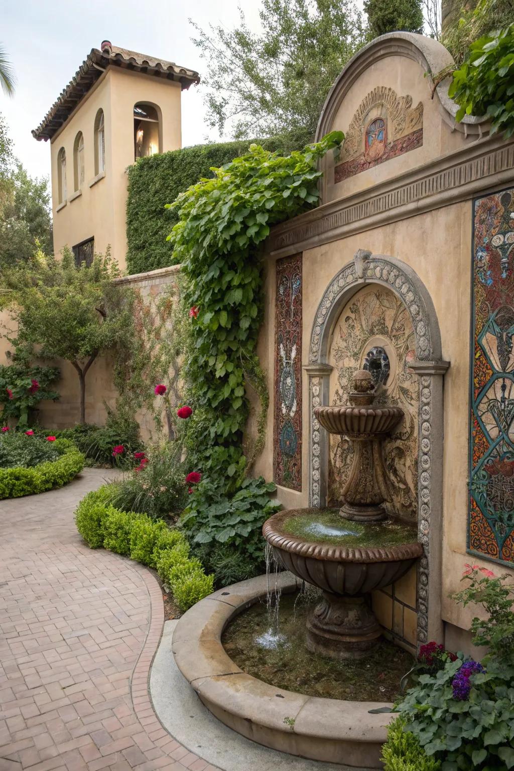Sculptural designs infuse artistic flair to wall fountains.