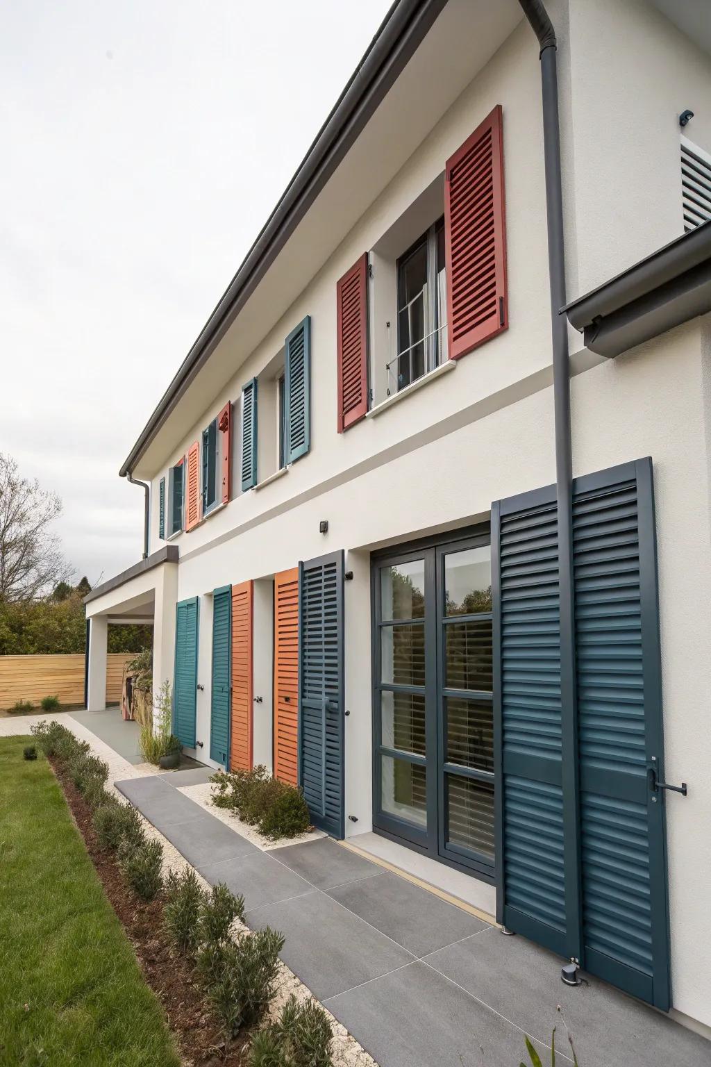 Contemporary home featuring dynamic two-tone shutters.