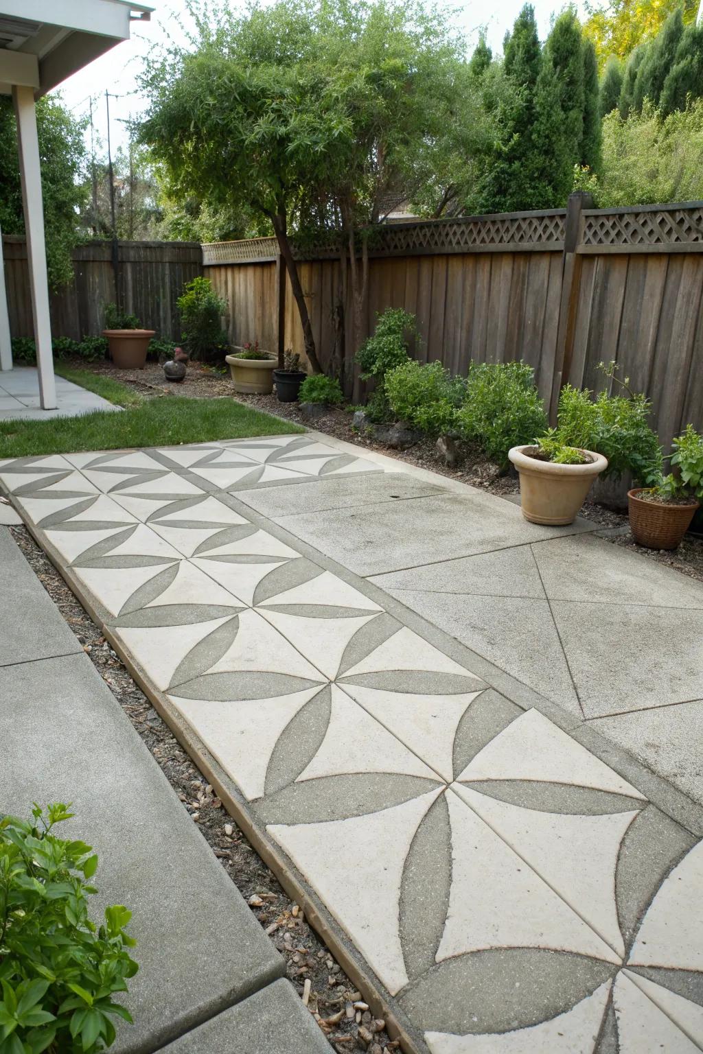 Visual illusion designs on a patio create a fascinating visual impact.