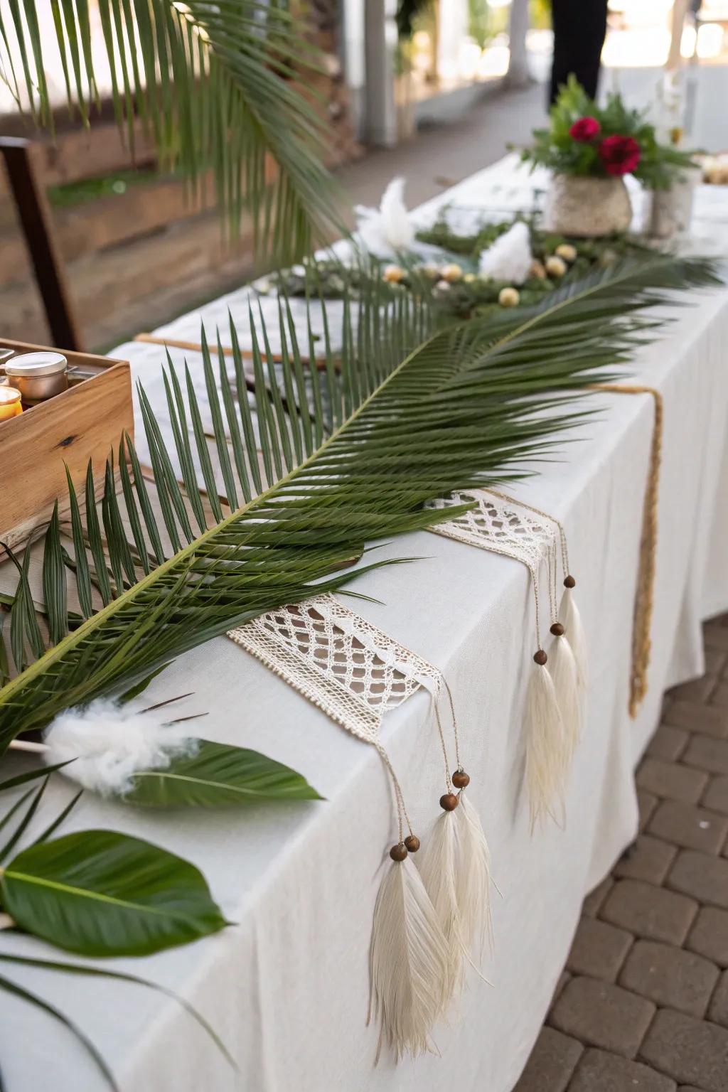 Boho components enhance tropical fronds for a free-spirited vibration.