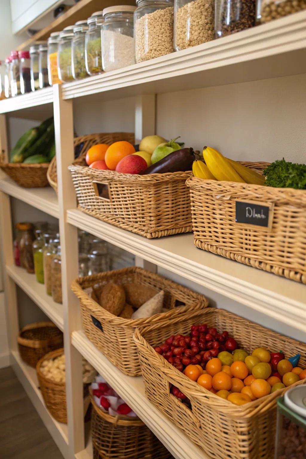 A pantry shelf organized using woven baskets, adding a natural texture.