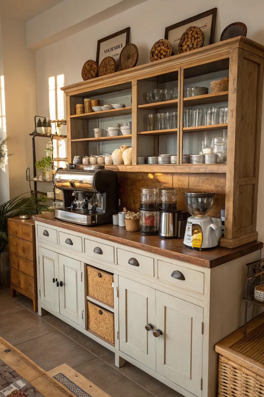 Vintage furniture enriches the coffee bar, bestowing charm and character.