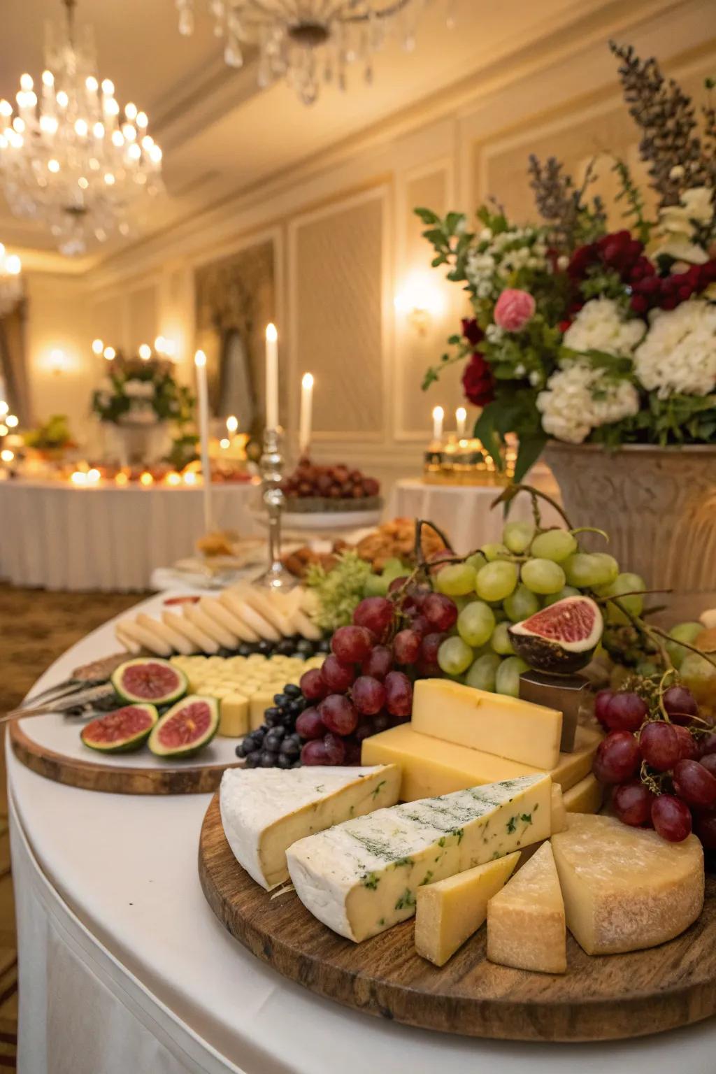 Sophisticated complements of cheese and fruit enrich the dessert selection.