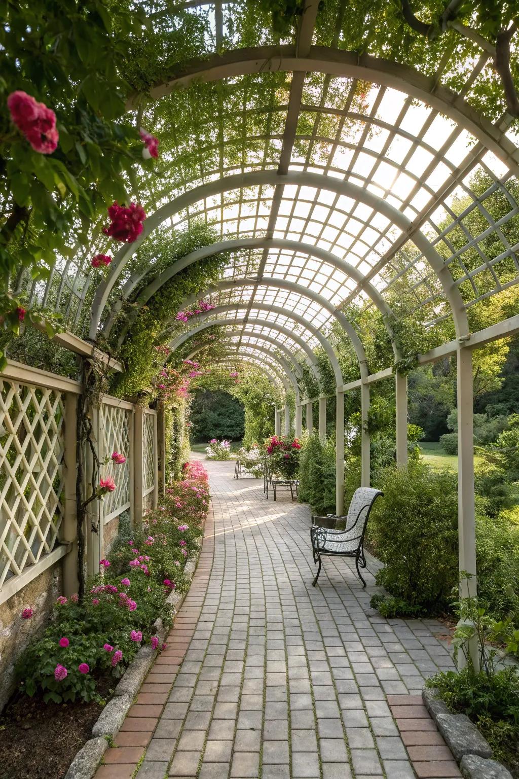 A quixotic fretwork walkway appends storybook allure to your garden trail.