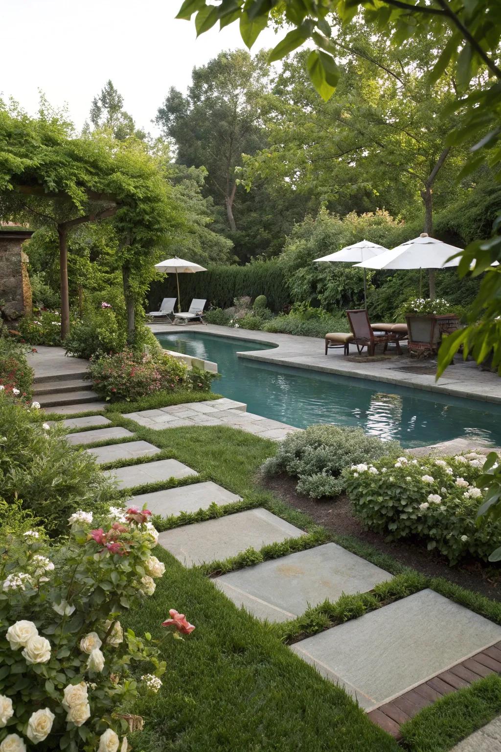 Stepping stones create a charming path to the pool.