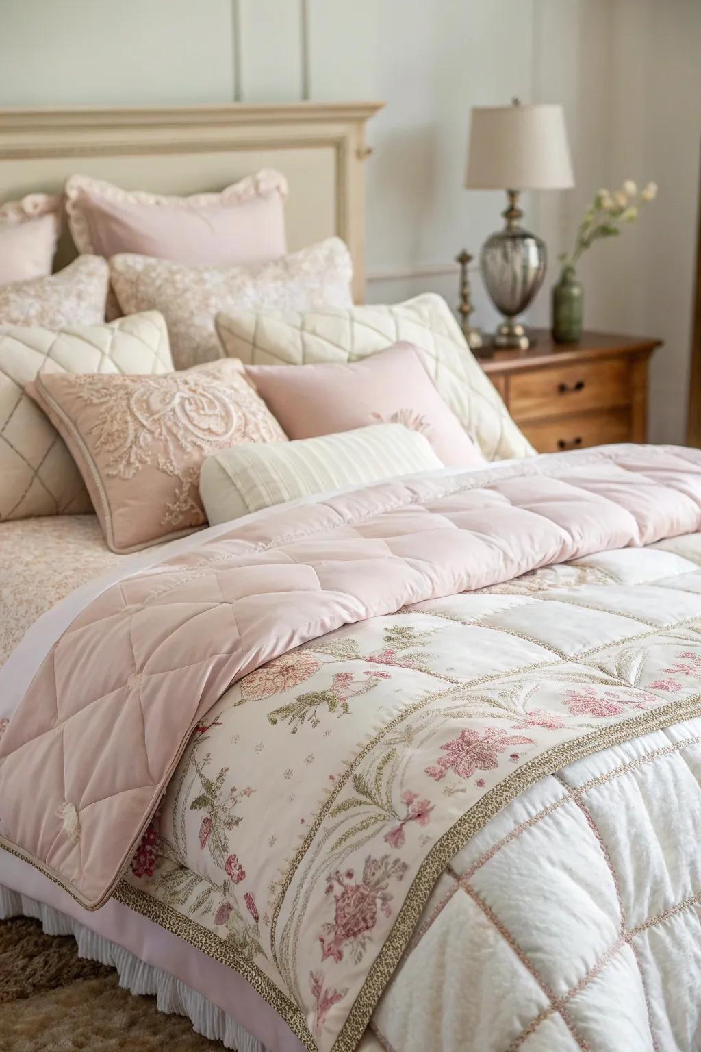 A bed dressed with comfortable bedding that enhances relaxation and rest.