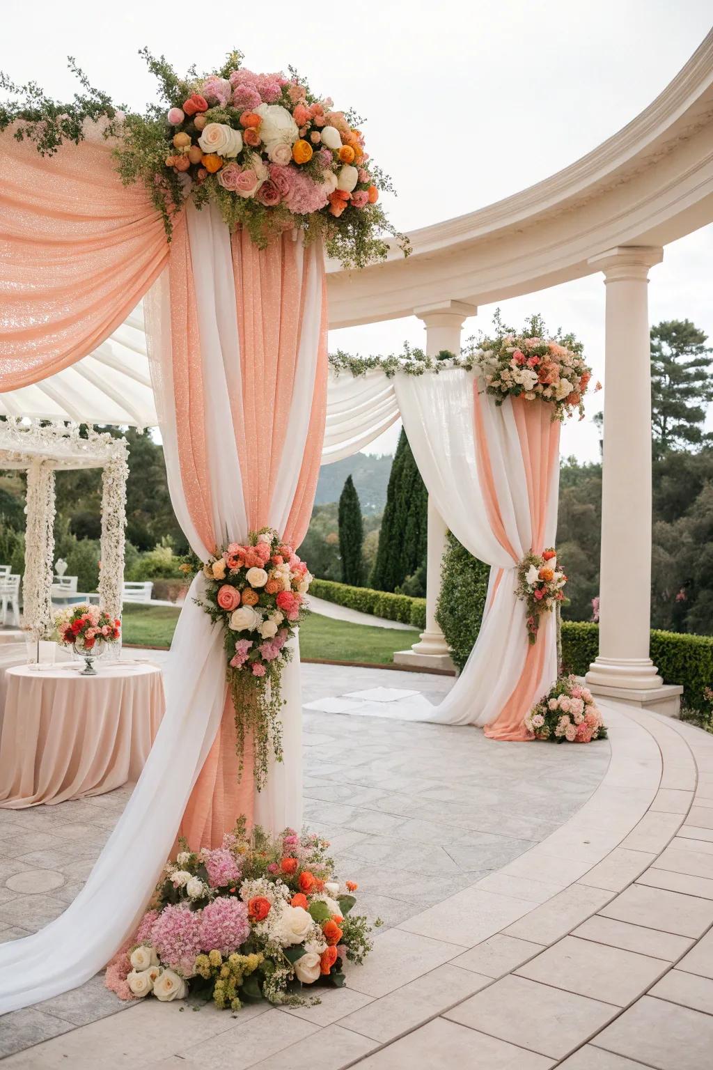 Tender including sophisticated peach coupled with white drape geared towards graceful locations.