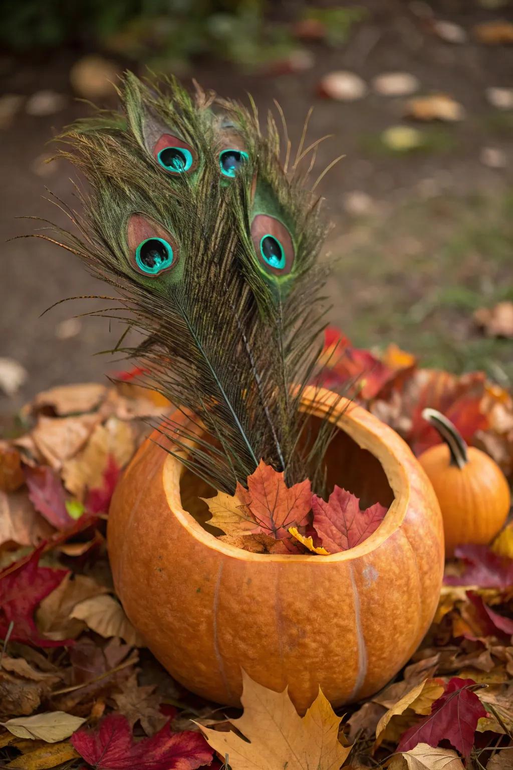 Seasonal charm with a pumpkin avian plume arrangement.