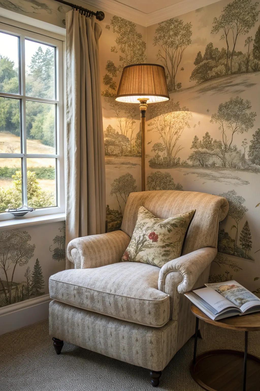 Design a relaxing reading place using peaceful wallpaper designs.