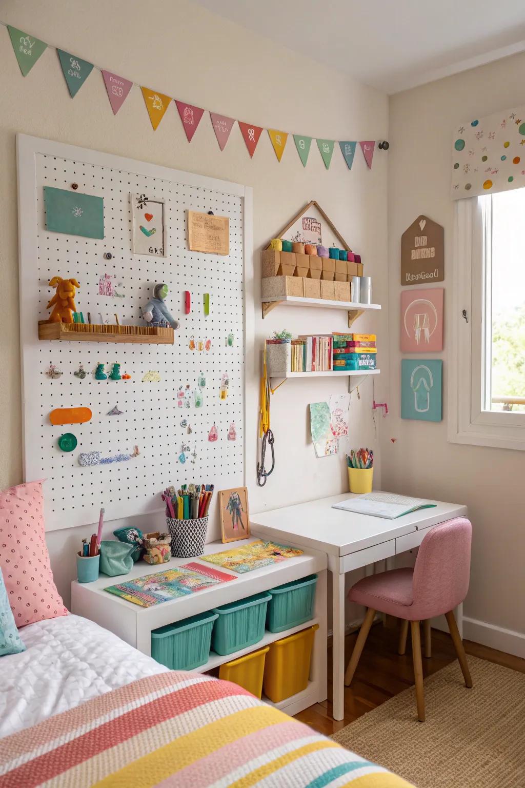 Pegboards maintain fun and organized kids’ rooms.