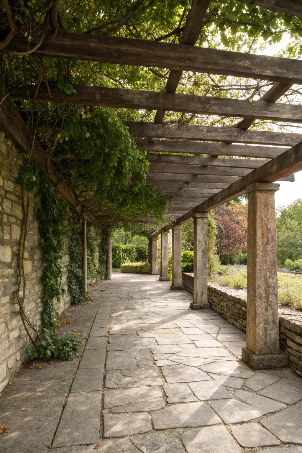Layering textures crafts a rich, welcoming atmosphere beneath your pergola.