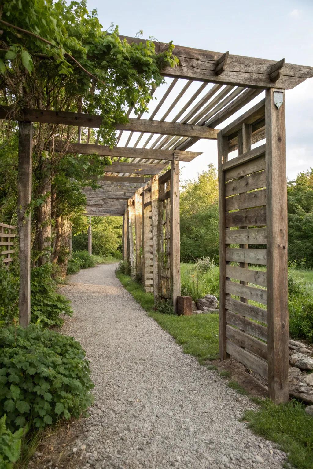 Salvaged wood dividers impart warmth and history to open-air zones.