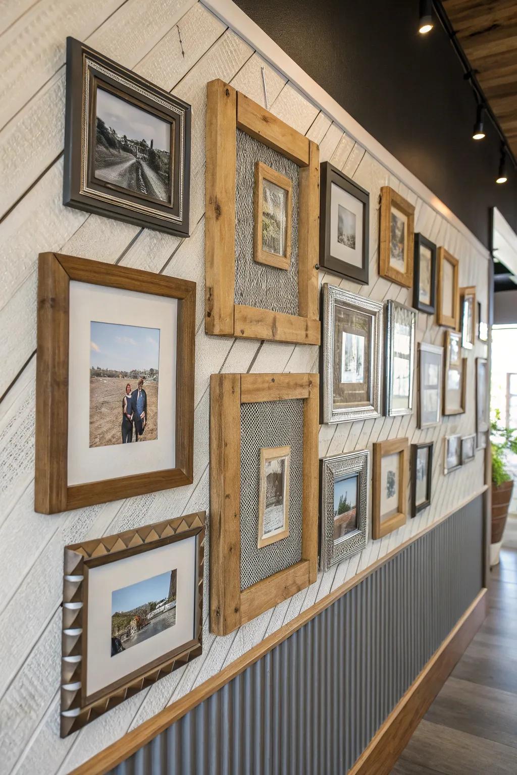 A textured wall of photos contributing dimensionality and intrigue in any place.