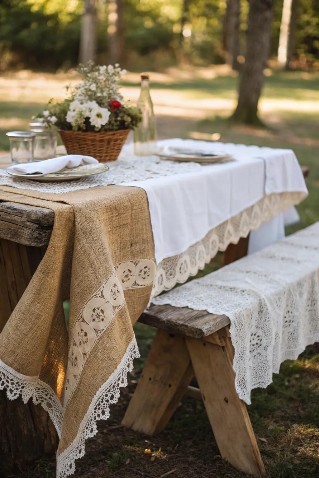 Layered textures of hessian and lace add profundity and elegance to this picnic table.