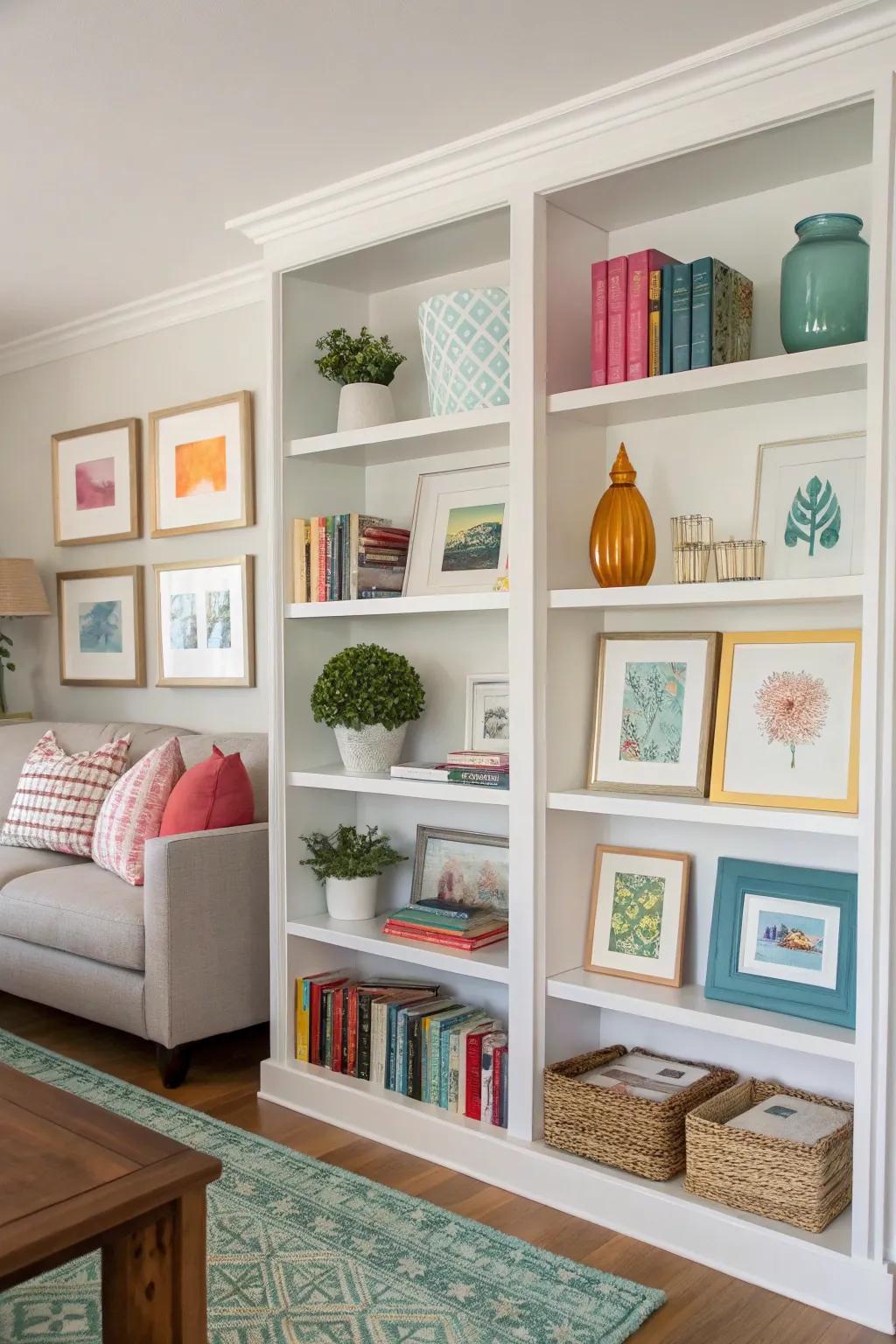 Color-coordinated display ledges create a harmonious design.