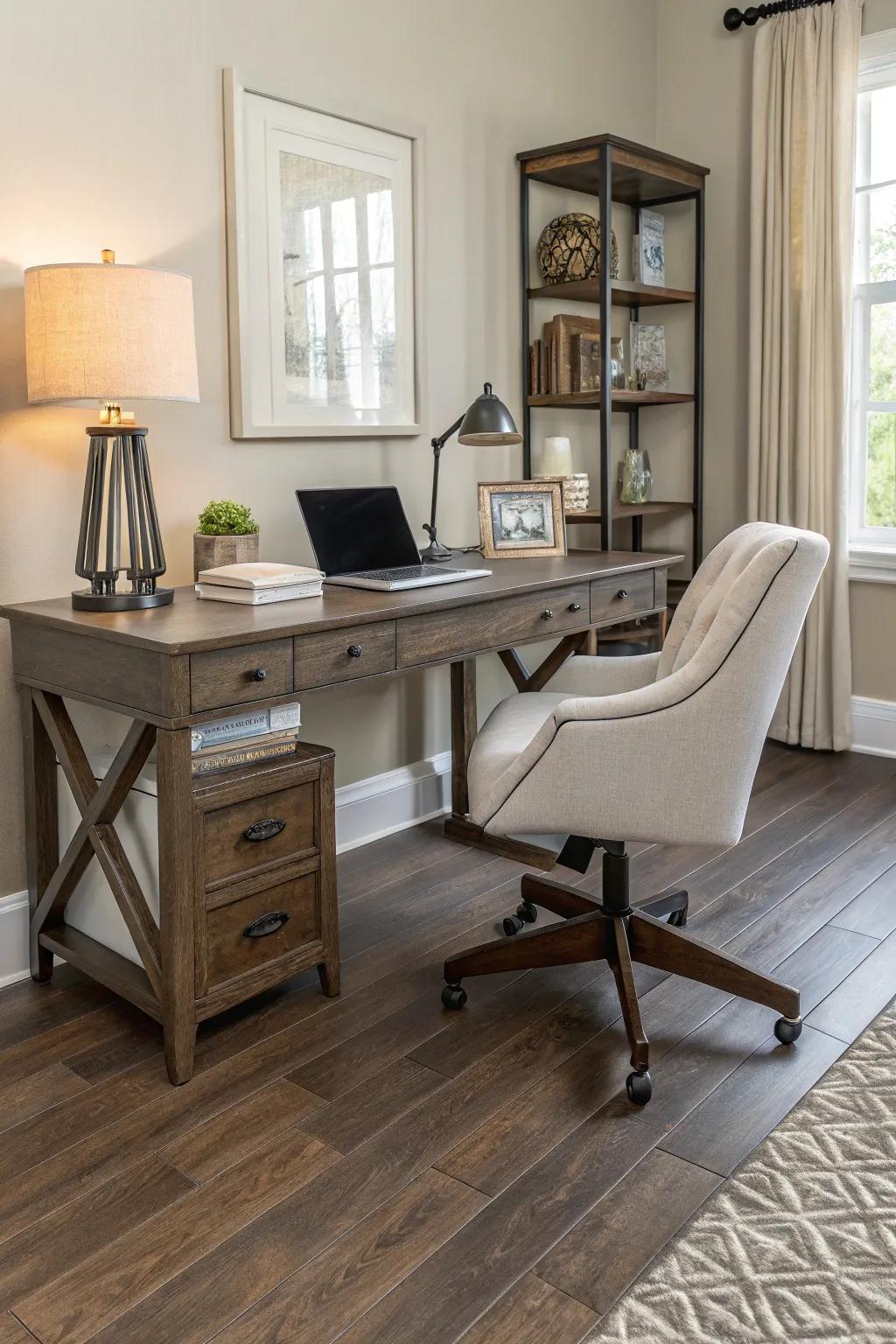 Engineered wood floors bring elegance and durability to home offices.
