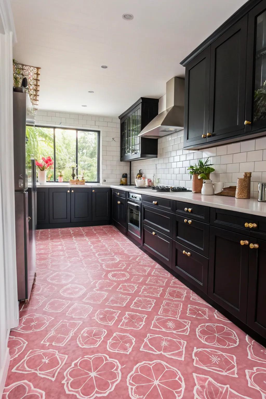 Bold rose flooring injects energy and whimsy into the cooking area space.