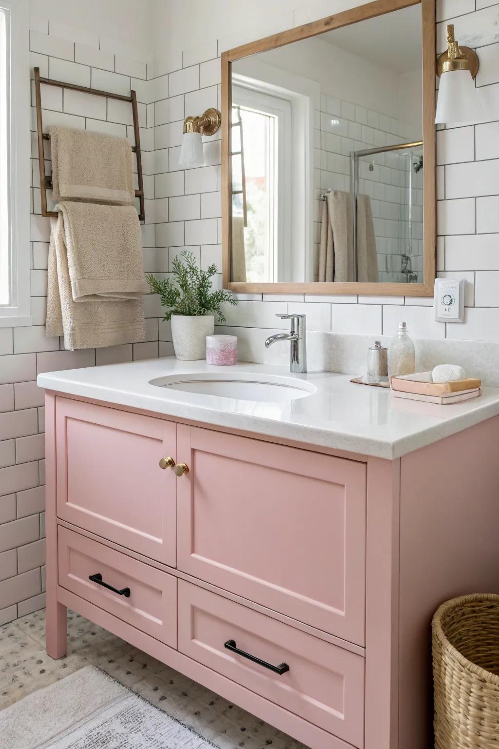 A rose dressing table can be the focal feature of the washroom.