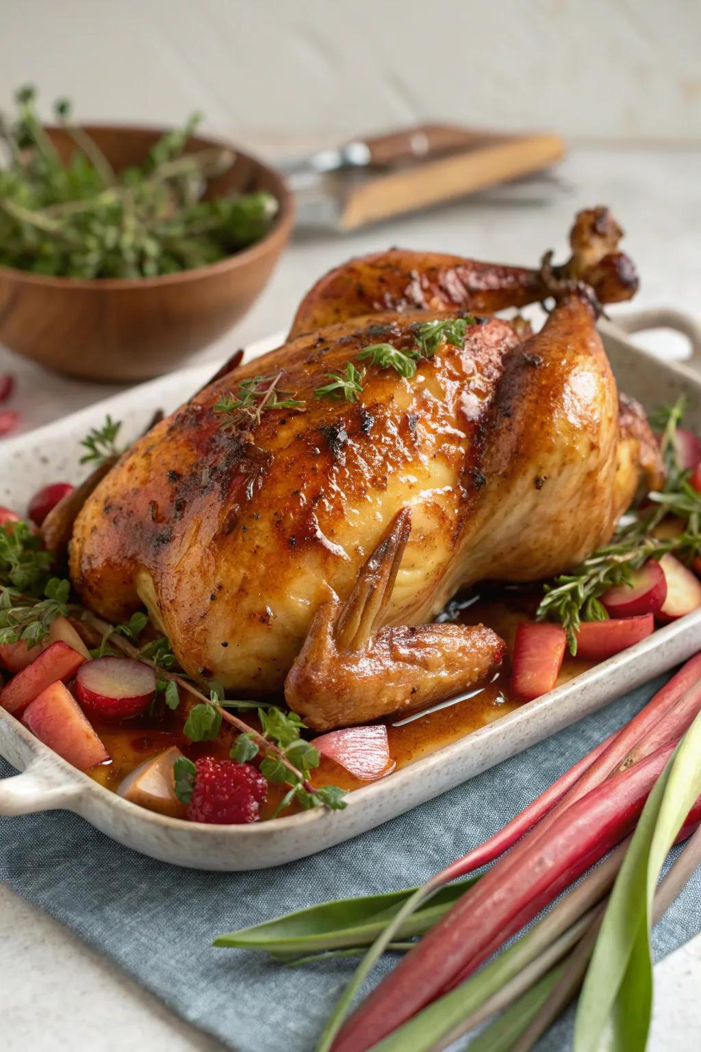 Rhubarb glazed chicken is a delightful mix of savory and sweet.