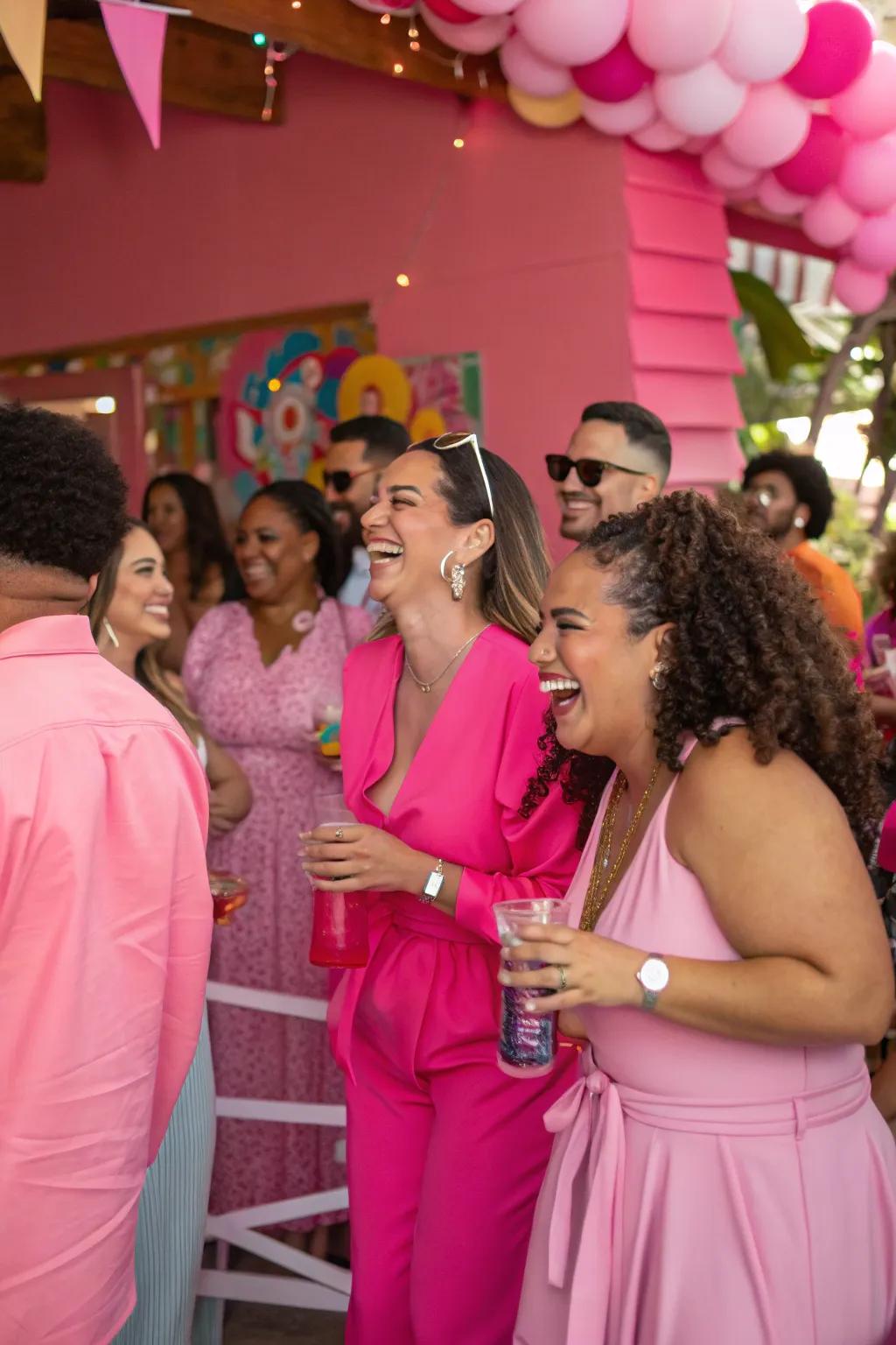 Guests in pink attire perfectly complement the party theme.