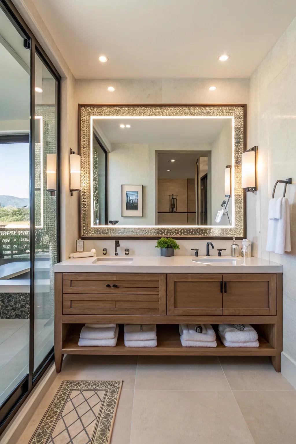 Large mirrors increase space and light in bathrooms.