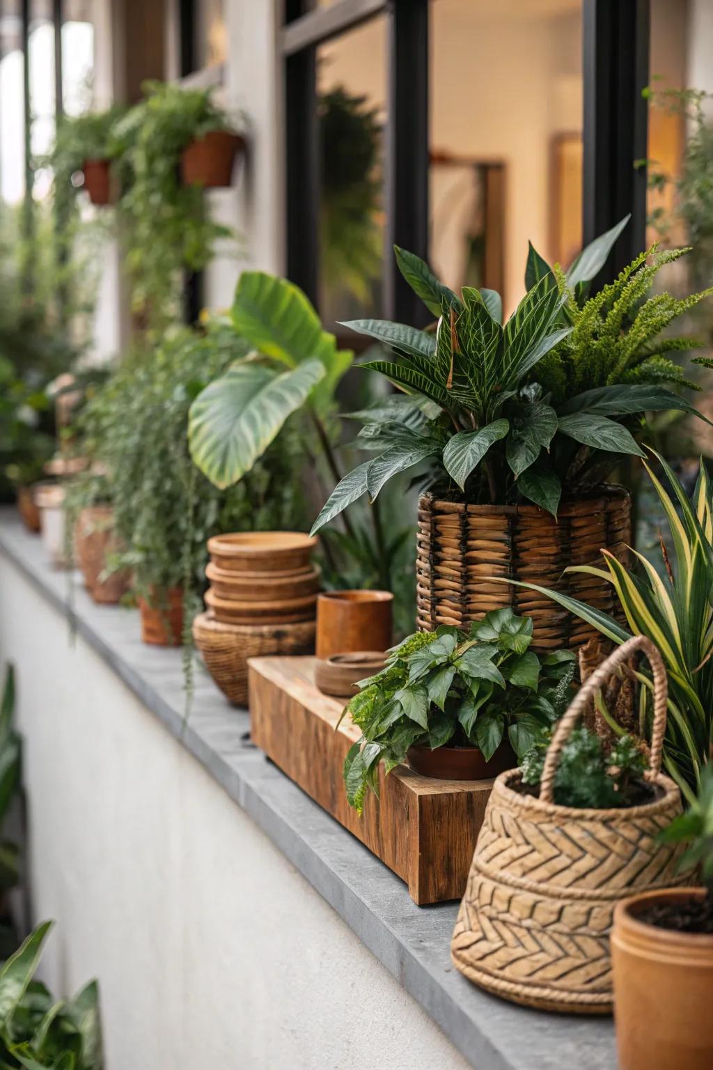 Earthy hues forge a tranquil and cohesive chromatic scheme upon this botanical ledge.