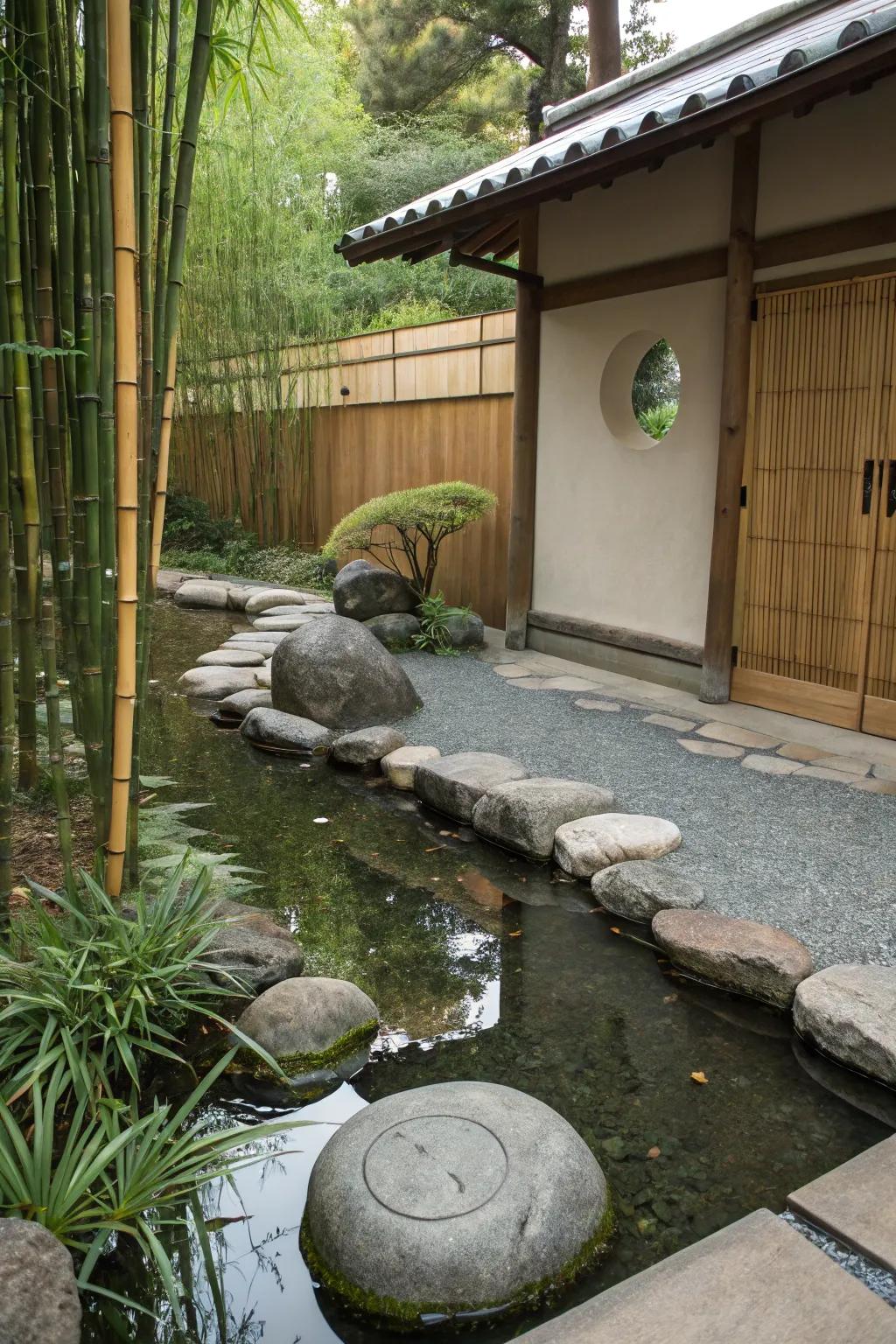 A Zen-motivated pond offers a relaxing escape with minimalist aspects.