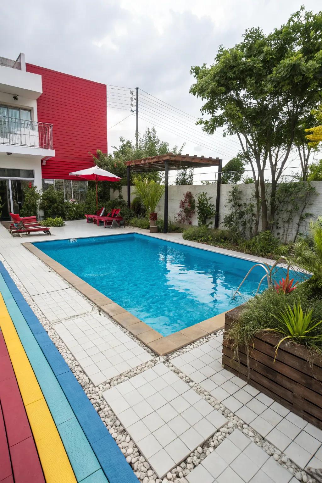 Varied colors craft a daring and vibrant poolside design.