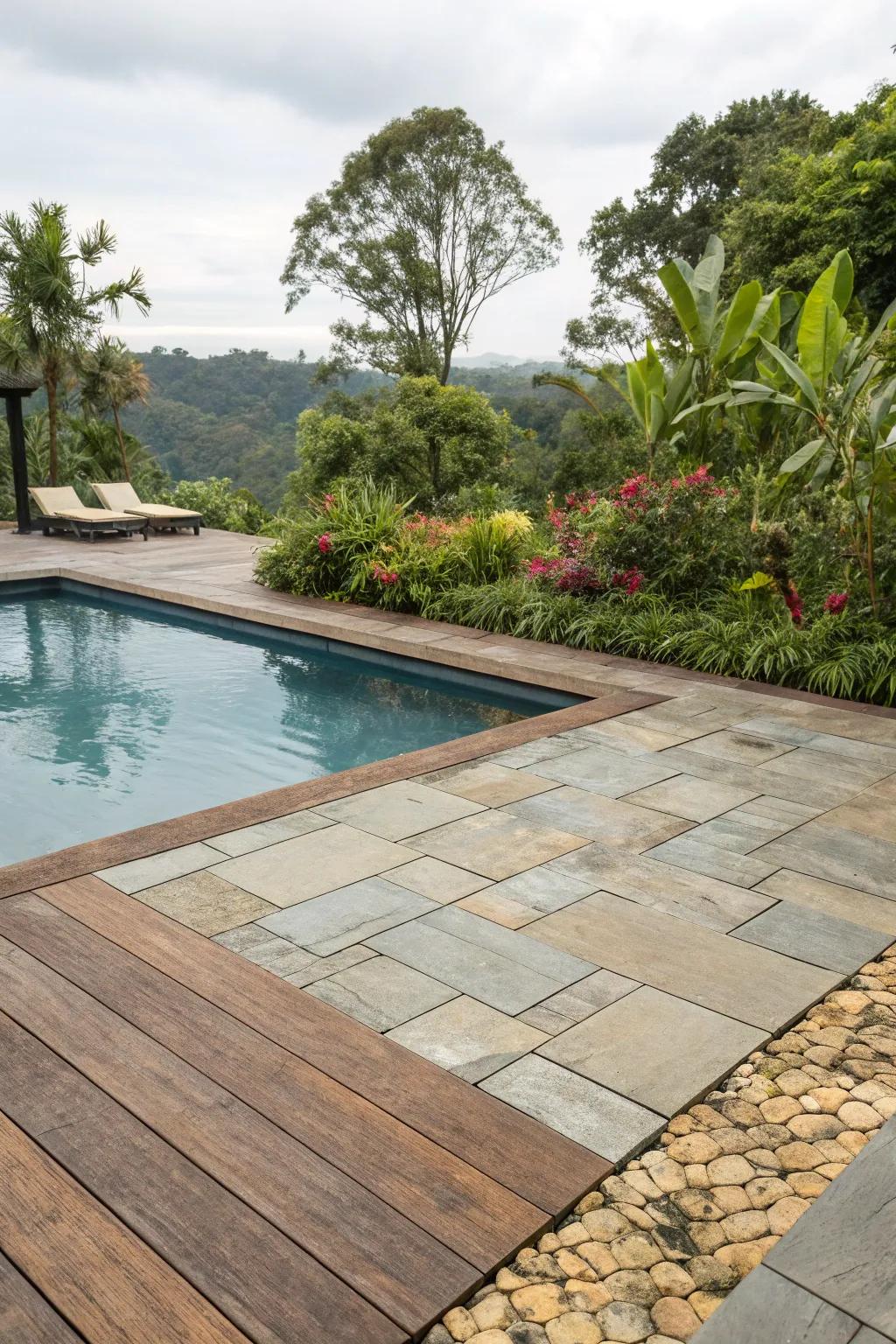 Create visual interest with a mix of materials on your pool deck.