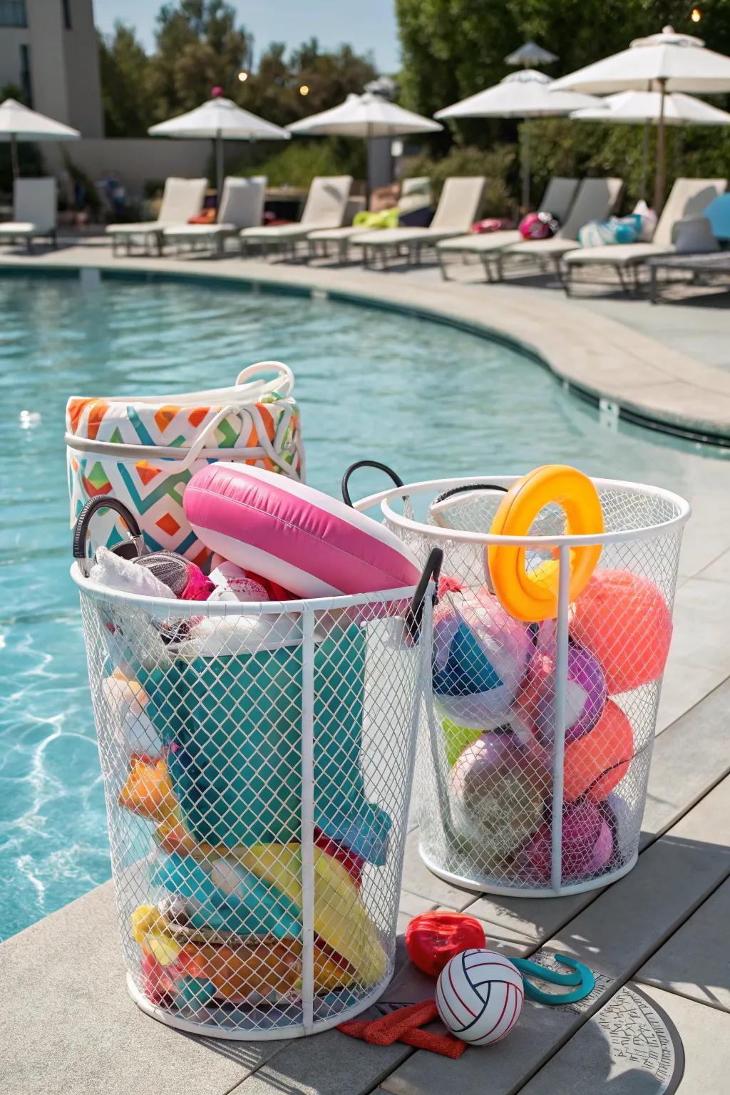Meshed bins assure pool floats desiccate rapidly and remain exempt from mildew.
