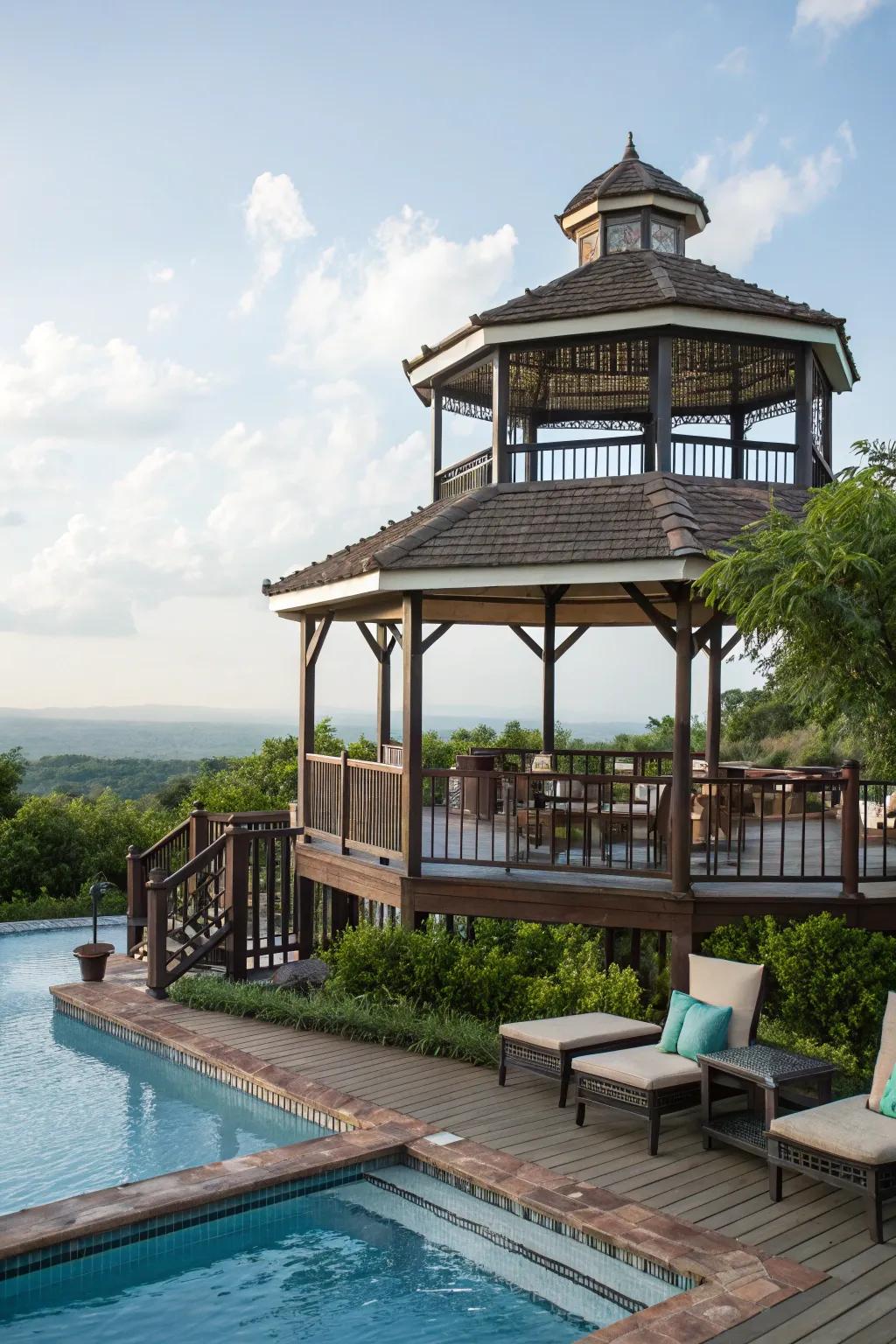 Tiered platforms enhance the visual appeal of the poolside pavilion.
