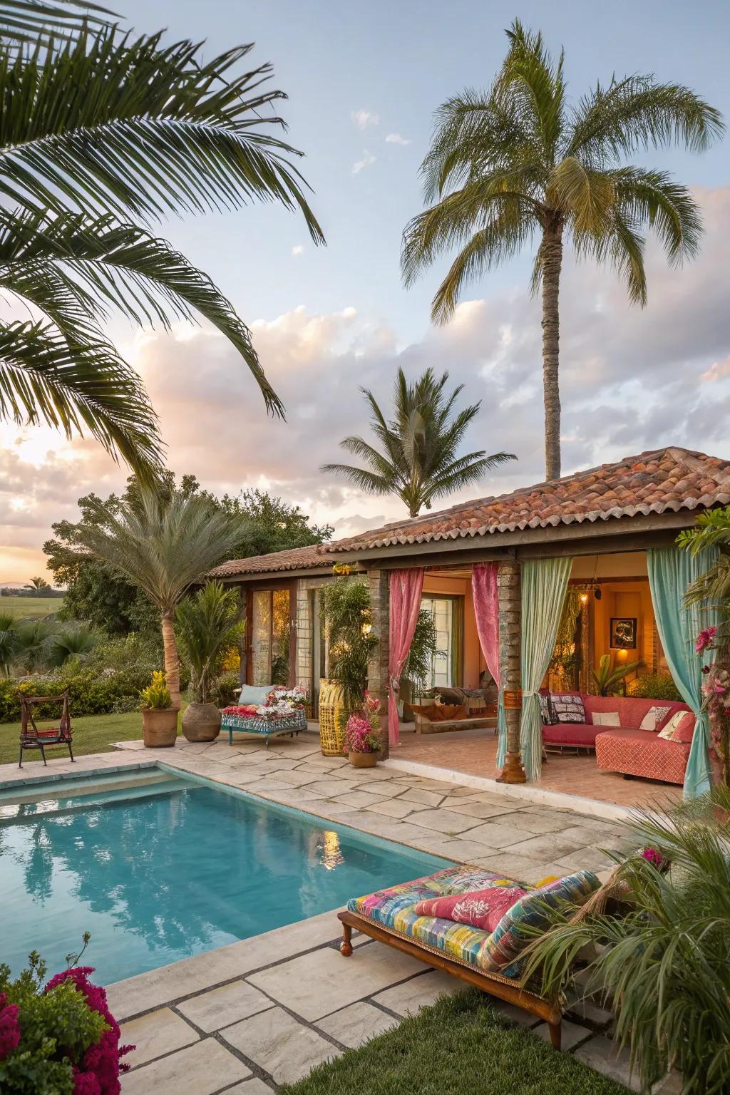 A pool house designed around a vibrant, tropical theme.