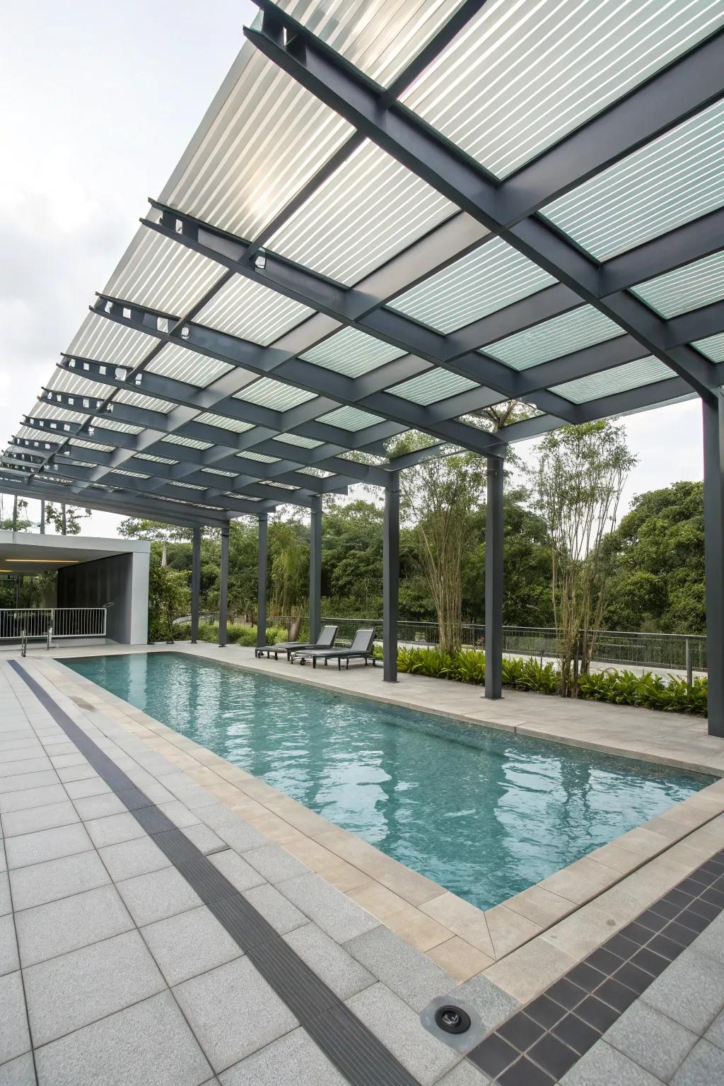 Architectural components add a modern art feel to poolside shading.
