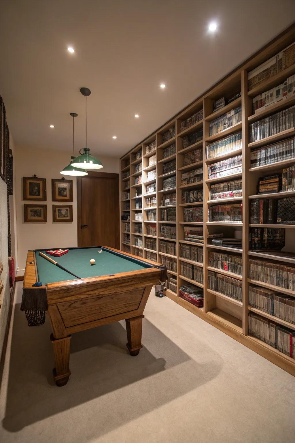 Vertical decor elements make the small pool table room feel taller and more open.