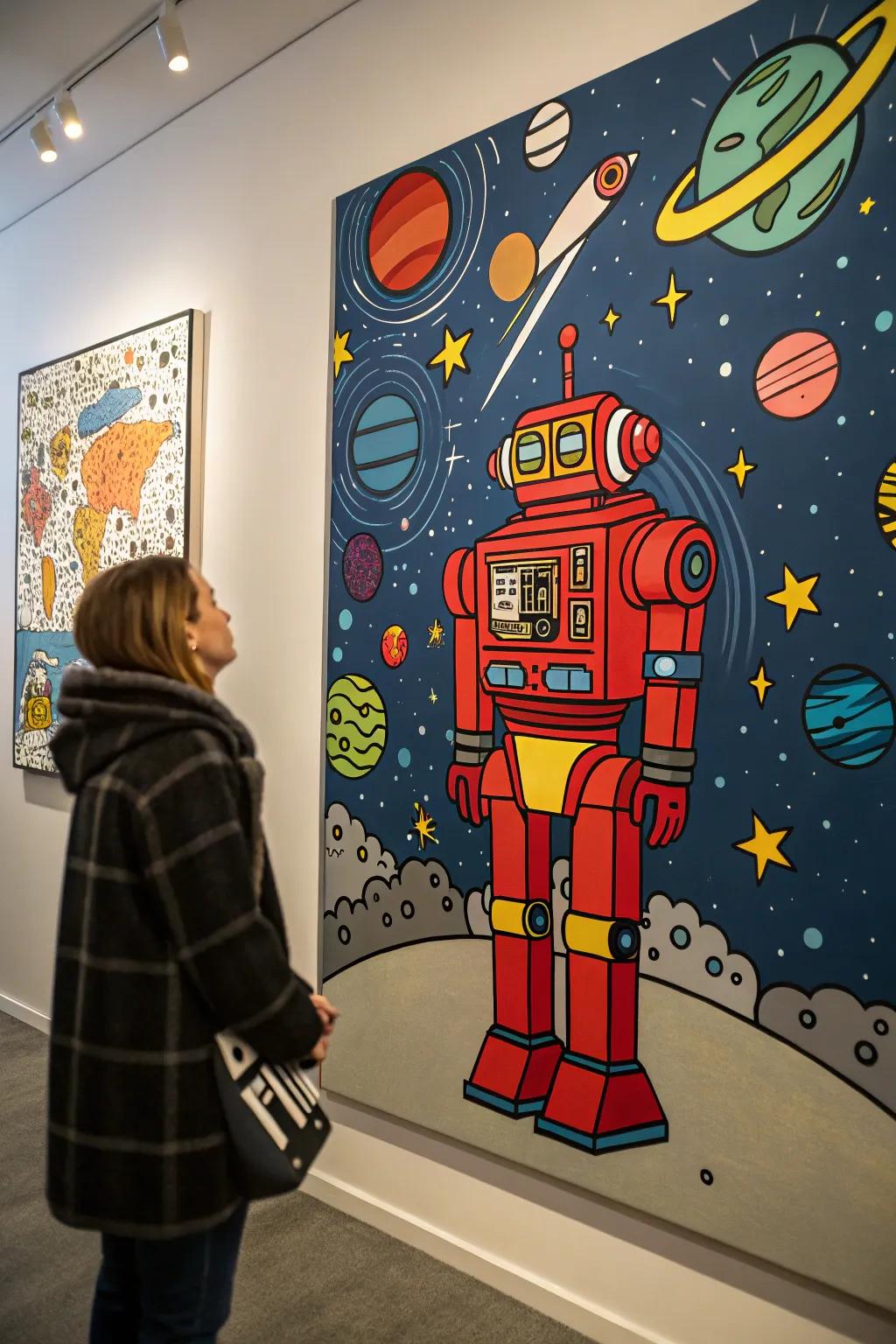 A futuristic artistic pop representation painting featuring a mechanical being on a cosmic backdrop.