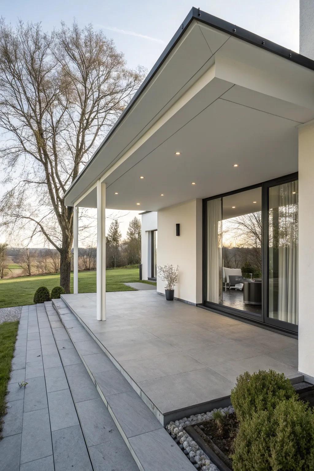 A modern minimalist porch expansion with simple lines.
