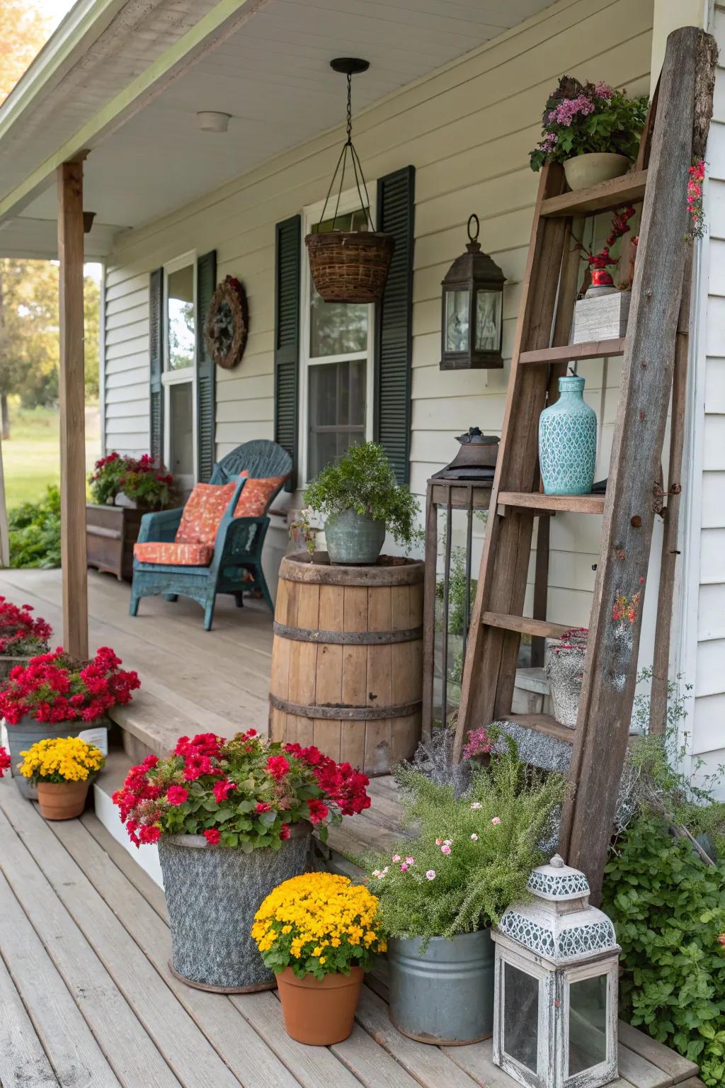 A synthesis of textures with a mixed-material porch signboard.