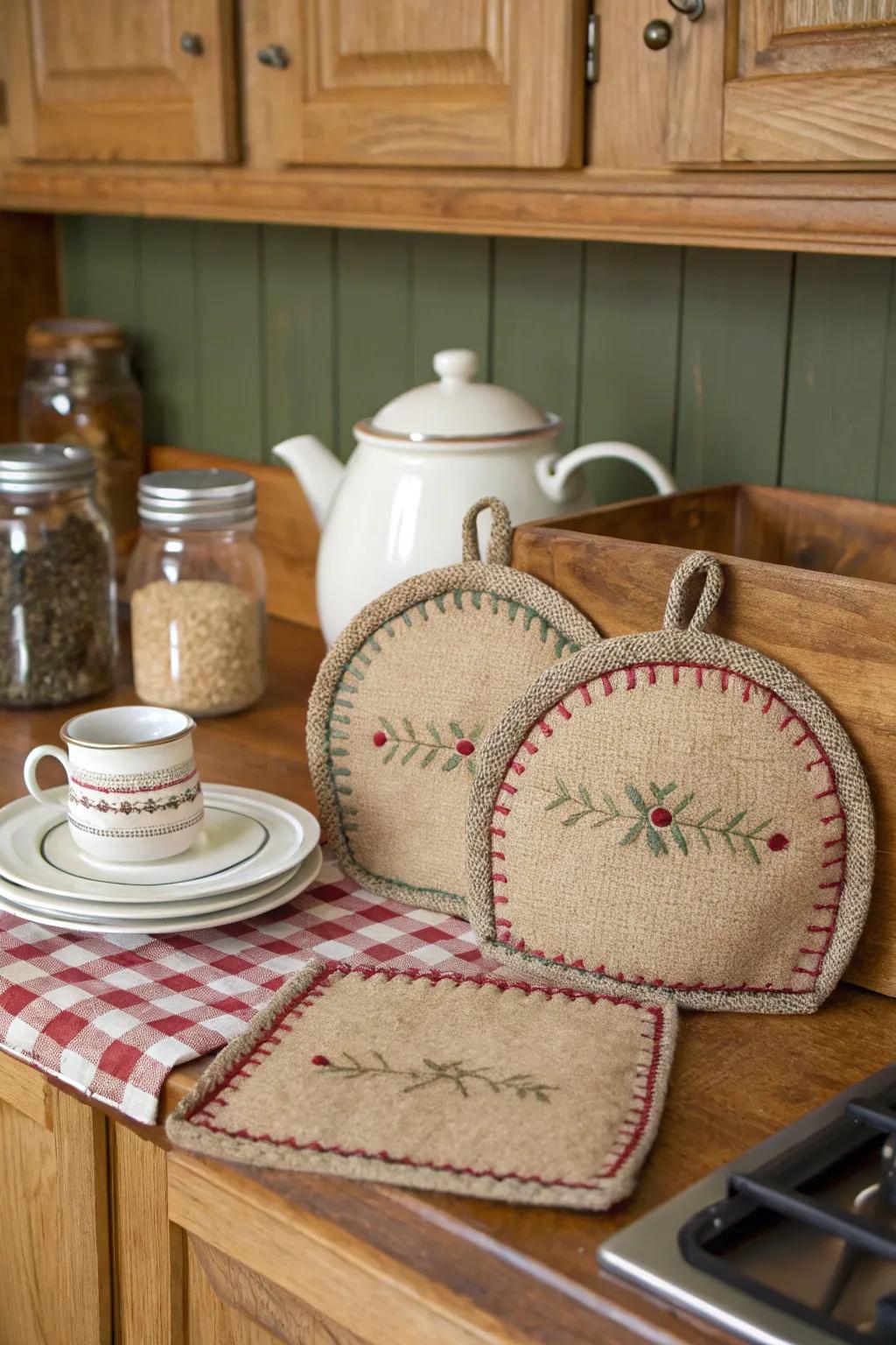 Burlap oven protectors contribute rustic allure to every kitchen.