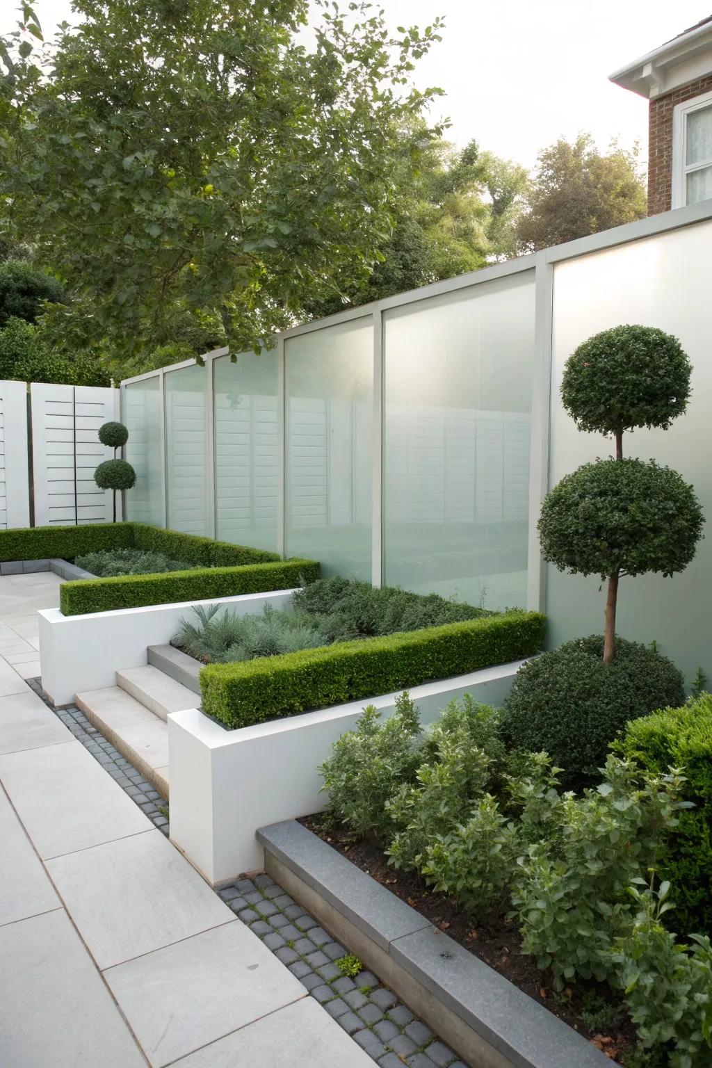 Blurred glass sheets provide privacy without sacrificing light.