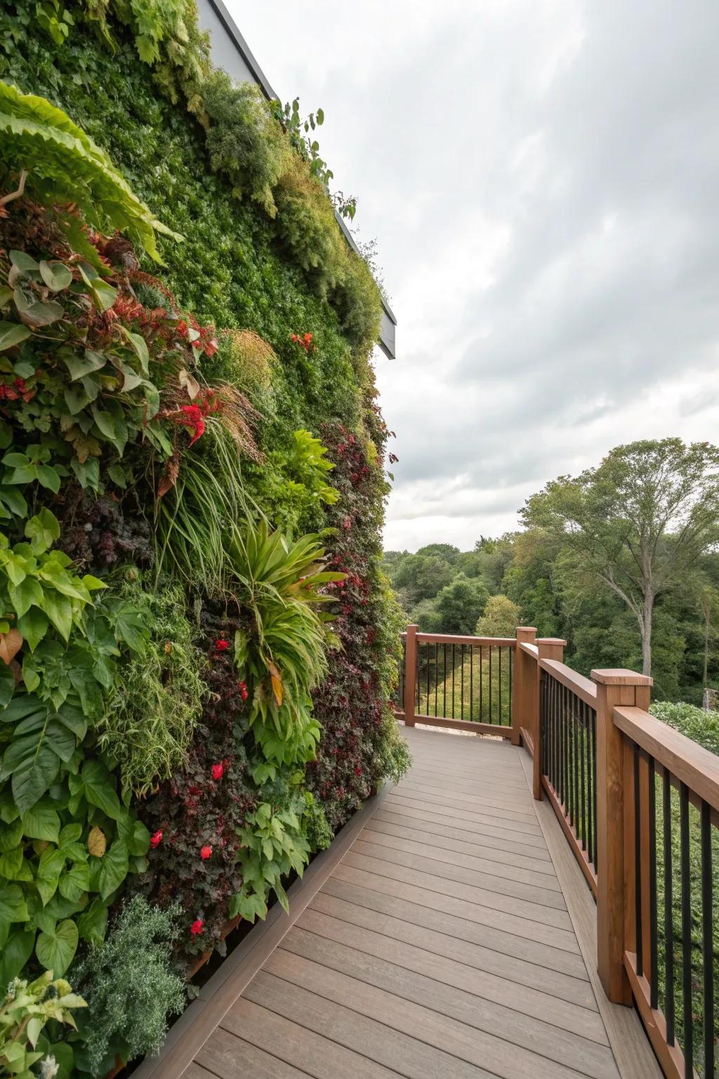 A dense verdant wall affords an imposing seclusion resolution on a deck.