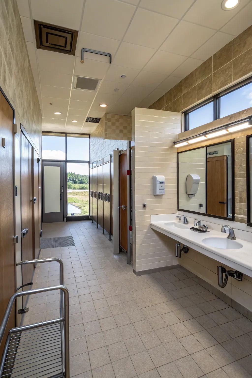 Ease of access features ensure inclusivity in public bathroom design.