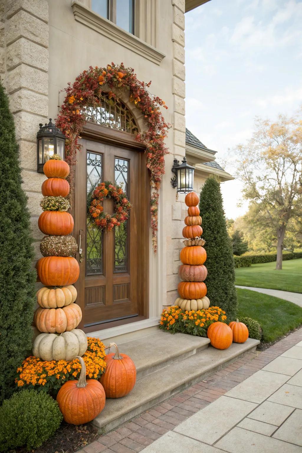 An impressive pumpkin topiary for a lavish entryway.