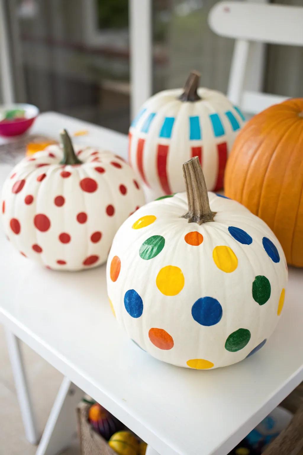 Polka dot pumpkins adding a playful pattern to any room.