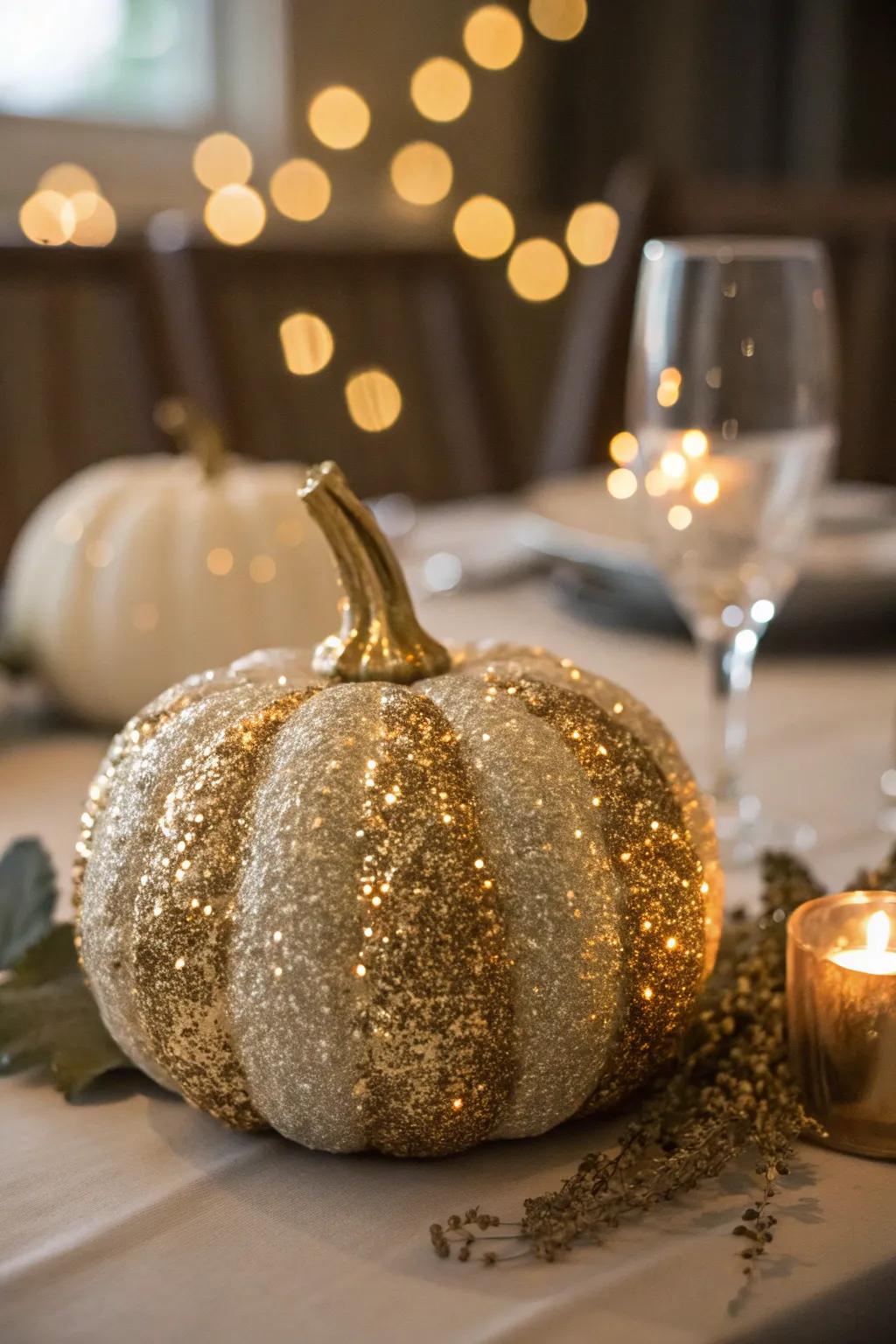 A dazzling shimmer pumpkin enhancing autumn decorations with radiance.