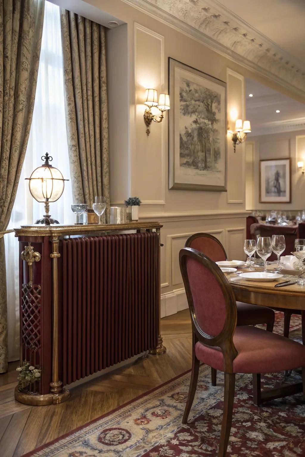 Deep burgundy radiators infuse luxurious depth.