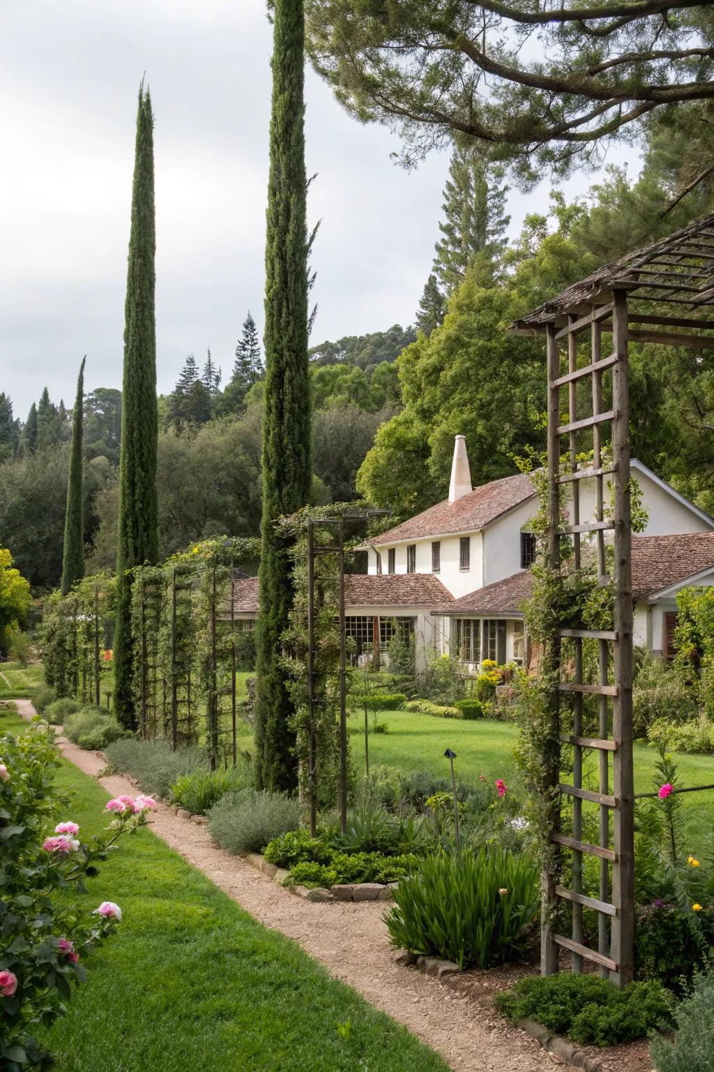 Vertical landscaping elements bring depth and diversity to this ranch house garden.