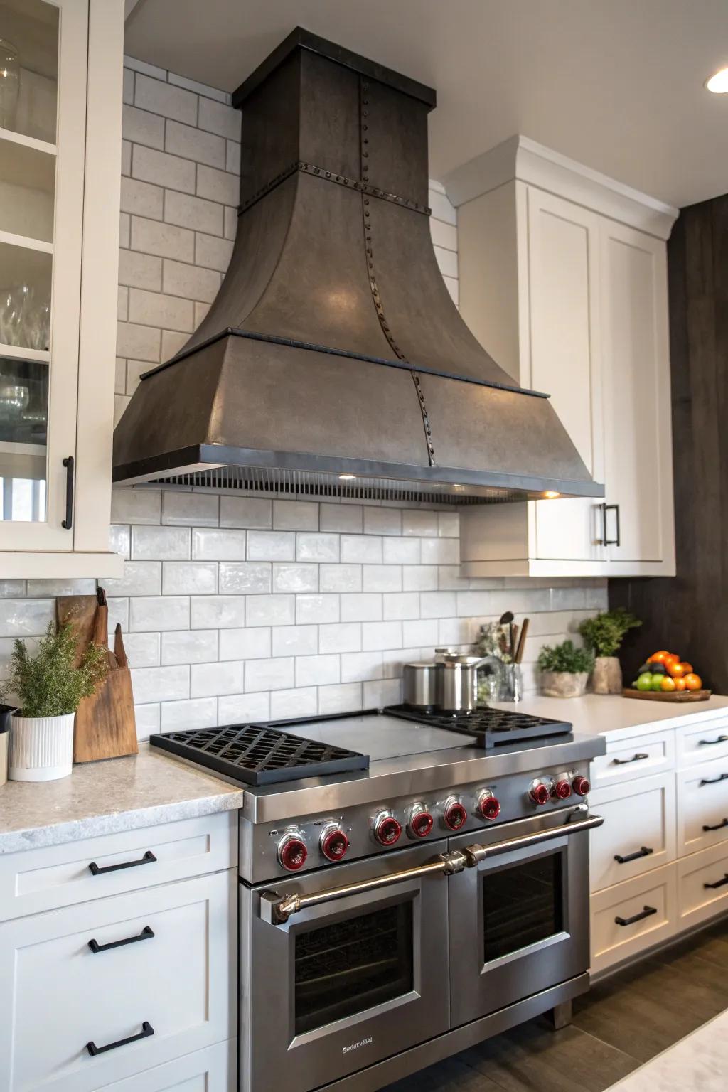 An industrial metal range hood exudes an edgy kitchen vibe.