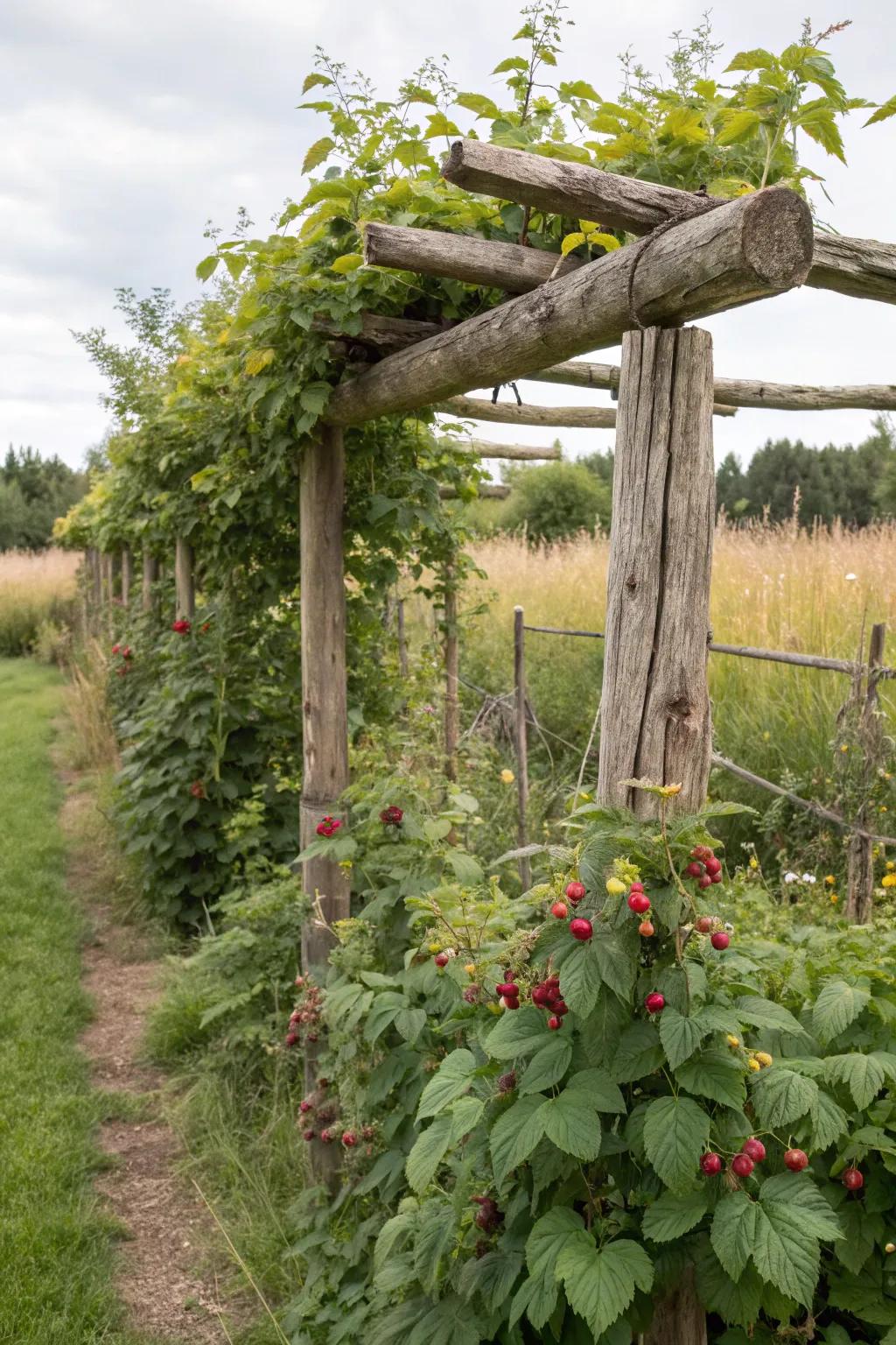 A homespun log trellis contributes distinctiveness and strength to a raspberry patch.
